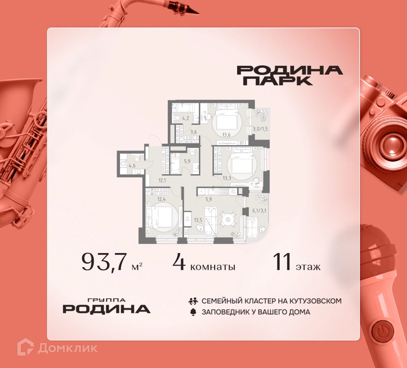 4-комнатная квартира 93.7 м² Родина Парк