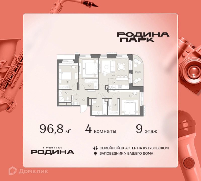 4-комнатная квартира 96.8 м² Родина Парк