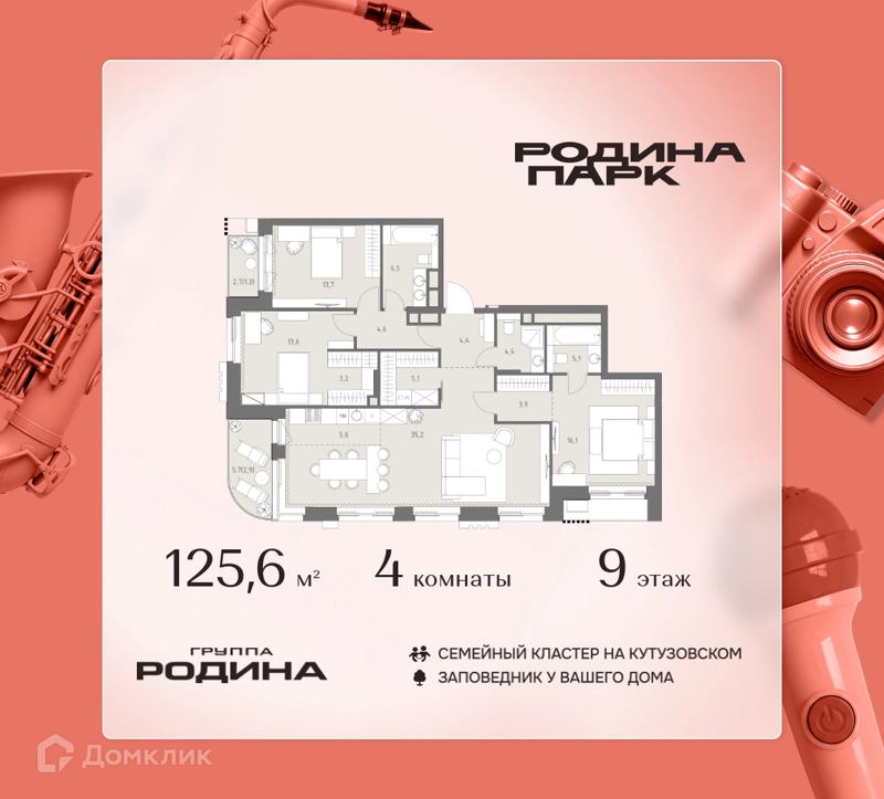 4-комнатная квартира 125.6 м² Родина Парк