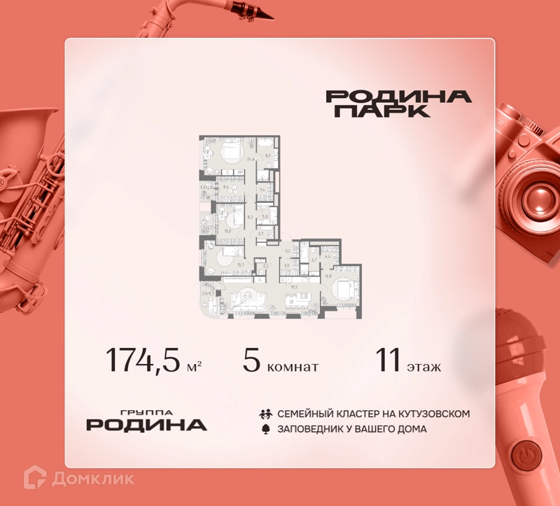 5-комнатная квартира 174.5 м² Родина Парк