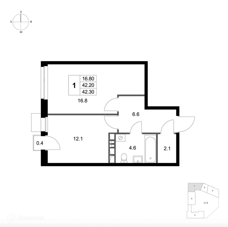 1-комнатная квартира 42.3 м² Легенда Марусино
