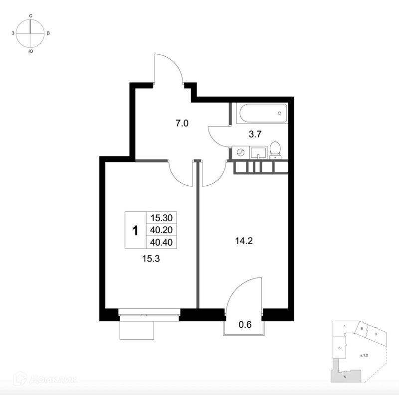 1-комнатная квартира 40.4 м² Легенда Марусино