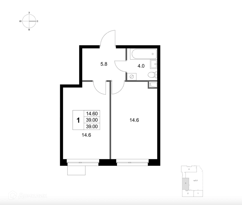1-комнатная квартира 39 м² Легенда Марусино