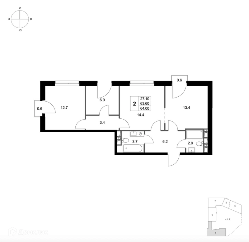 2-комнатная квартира 64.2 м² Легенда Марусино