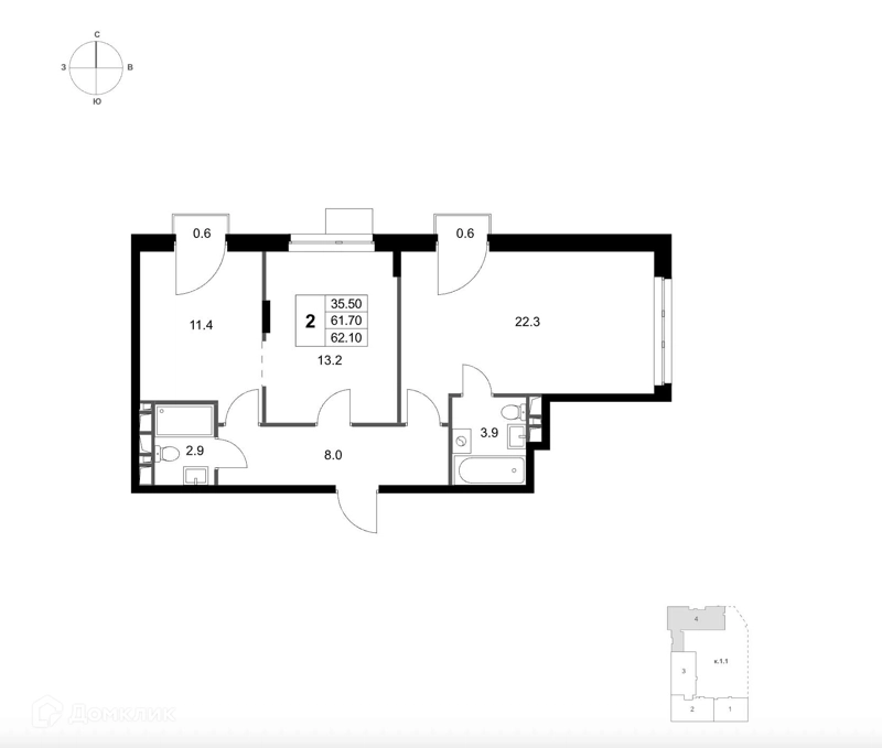 2-комнатная квартира 62.1 м² Легенда Марусино