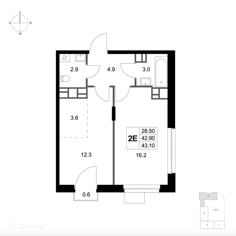 2-комнатная квартира 43.1 м² Легенда Марусино