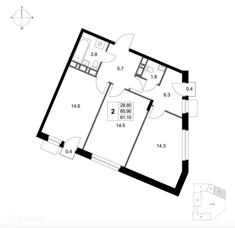 2-комнатная квартира 61.1 м² Легенда Марусино