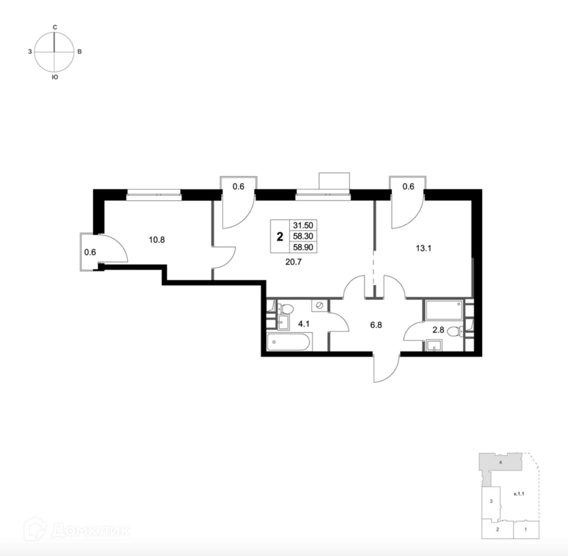 2-комнатная квартира 58.9 м² Легенда Марусино