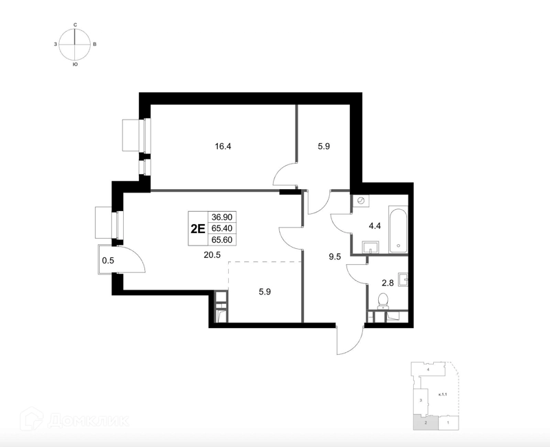 2-комнатная квартира 65.6 м² Легенда Марусино