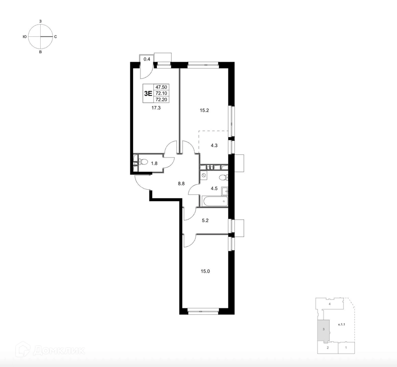 3-комнатная квартира 72.2 м² Легенда Марусино