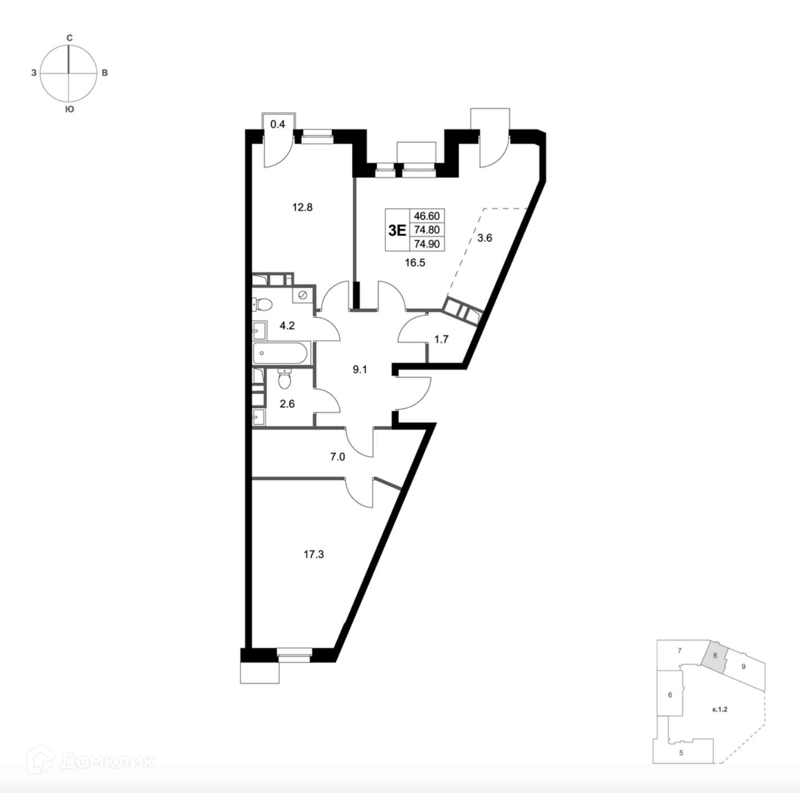 3-комнатная квартира 74.9 м² Легенда Марусино