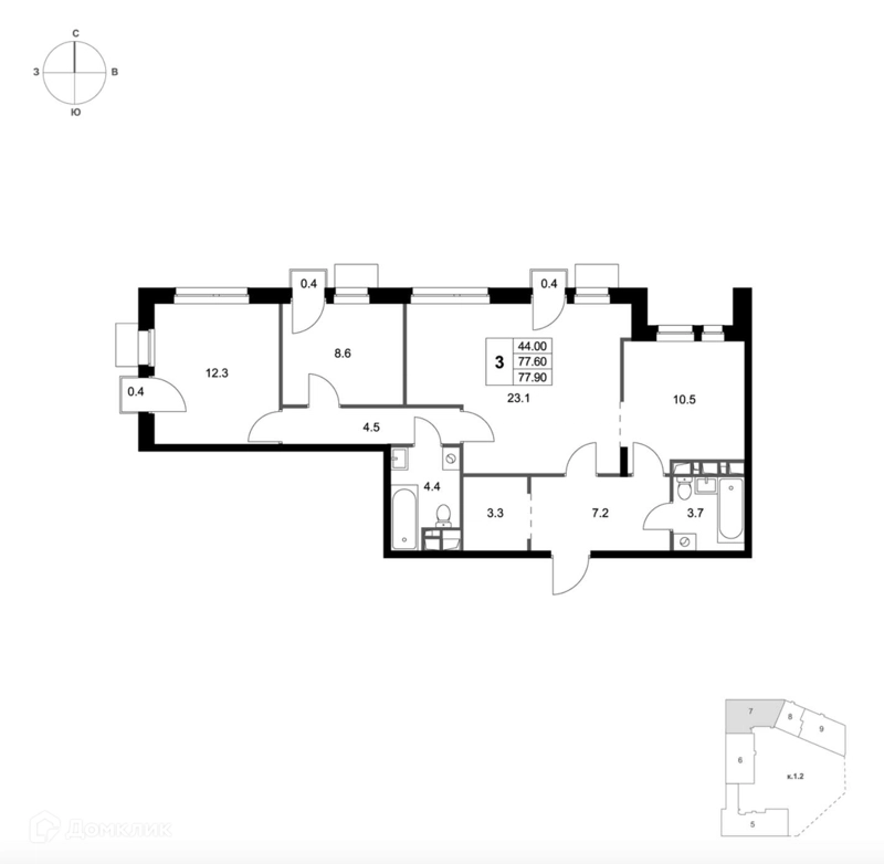 3-комнатная квартира 77.9 м² Легенда Марусино