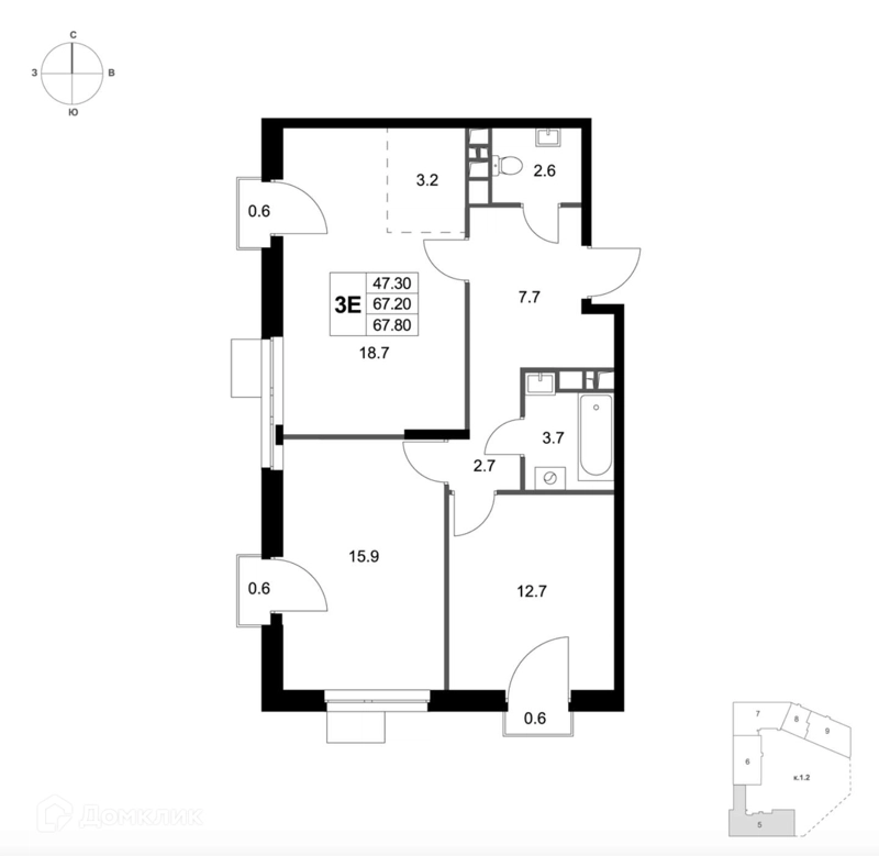 3-комнатная квартира 67.8 м² Легенда Марусино