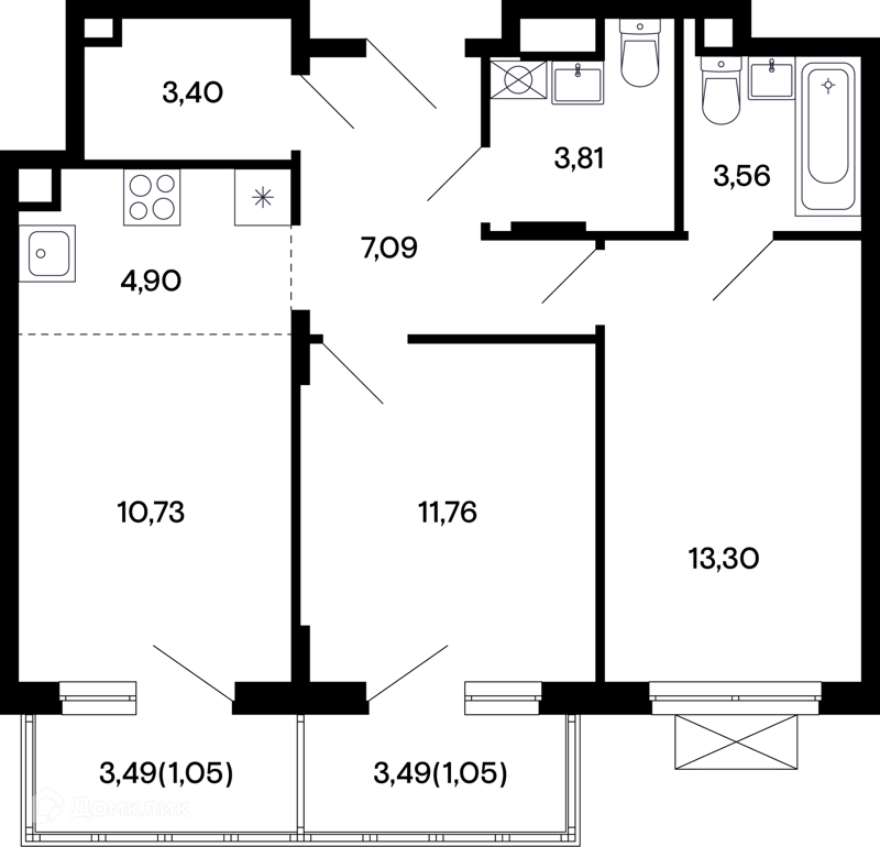 2-комнатная квартира 60.65 м² Базаева 11