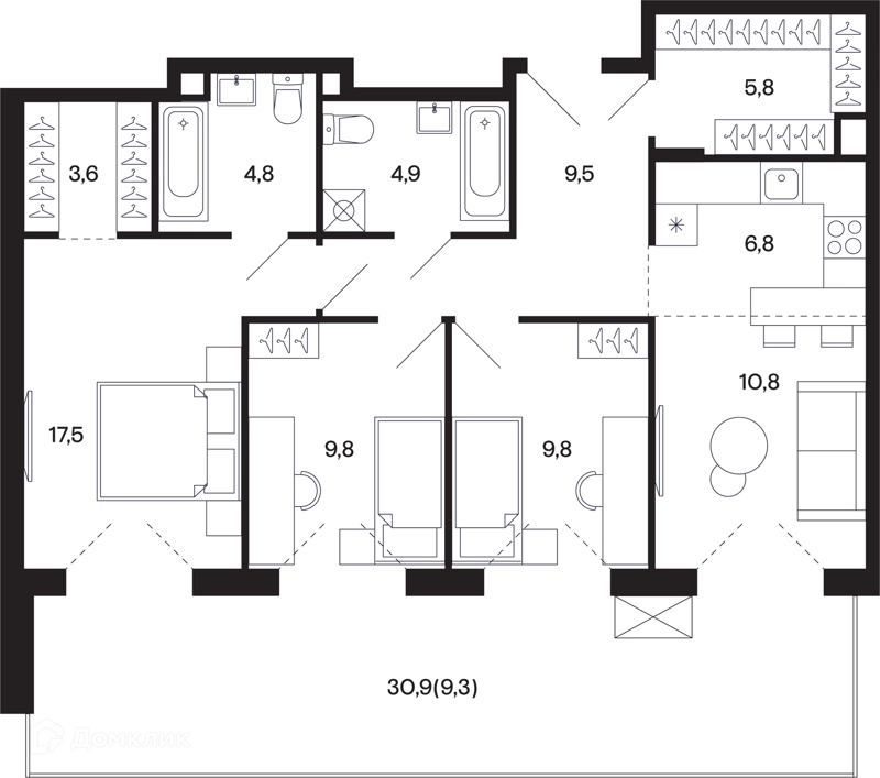 3-комнатная квартира 92.45 м² Базаева 11