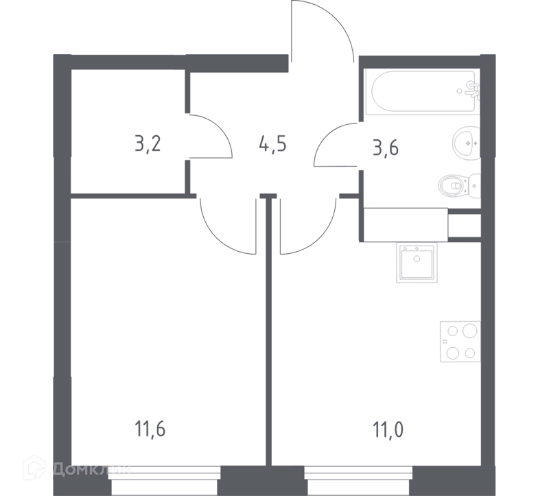 1-комнатная квартира 33.1 м² Эко Бунино