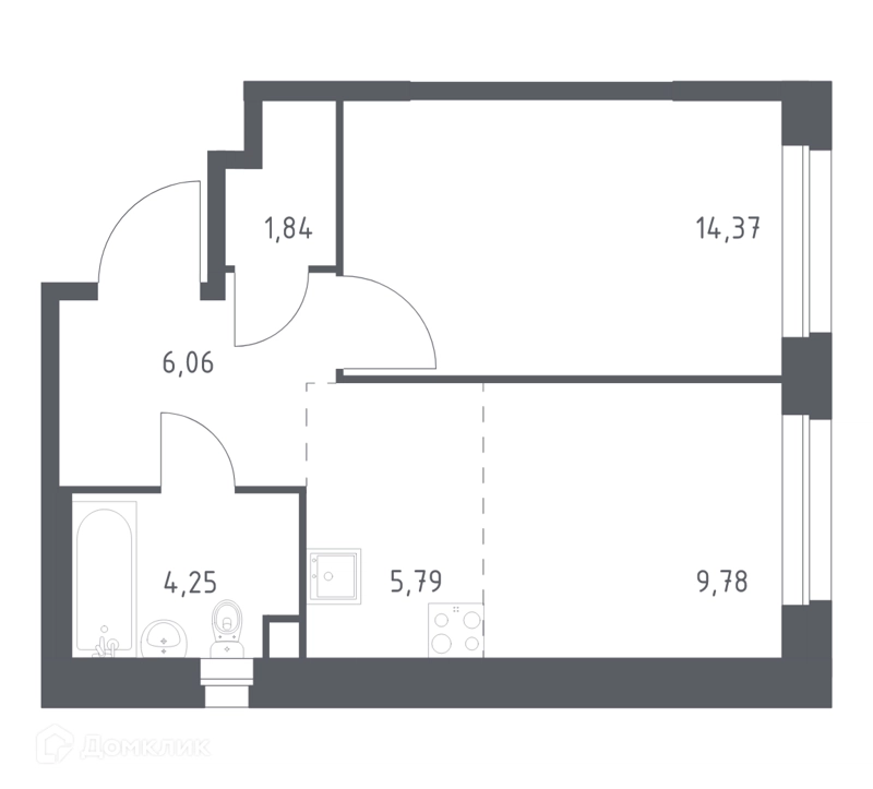 1-комнатная квартира 42.09 м² Эко Бунино