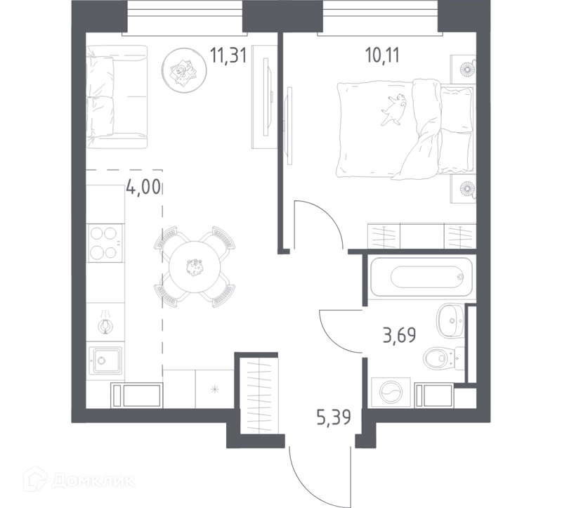 1-комнатная квартира 34.5 м² Эко Бунино