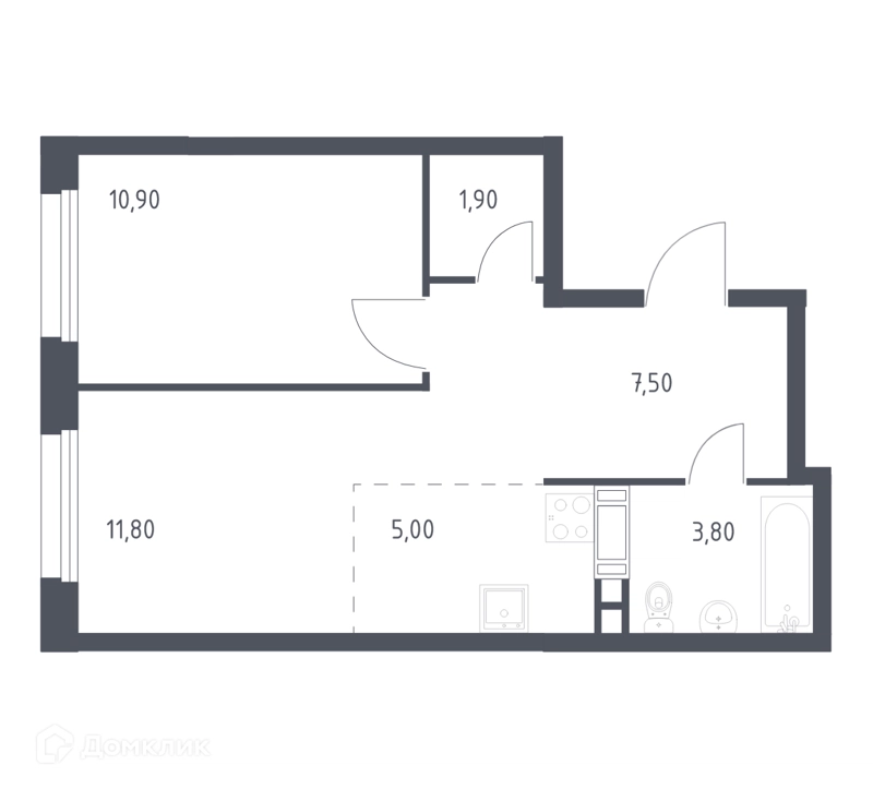 1-комнатная квартира 40.9 м² Эко Бунино