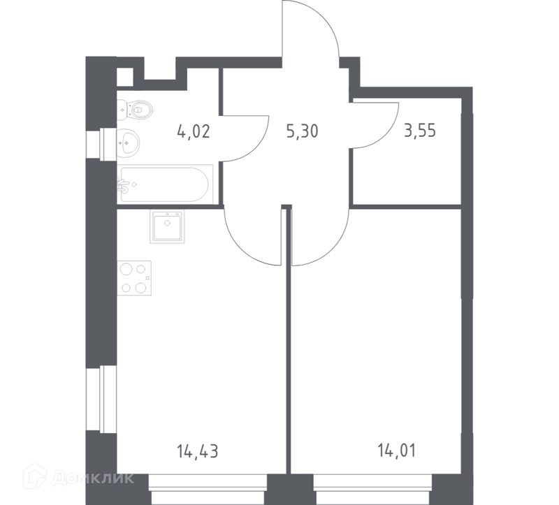 1-комнатная квартира 41.31 м² Эко Бунино