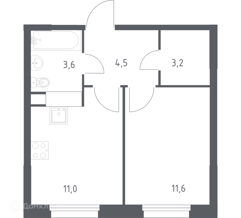 1-комнатная квартира 32.8 м² Эко Бунино