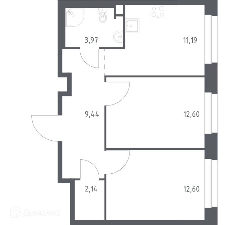 2-комнатная квартира 51.94 м² Эко Бунино