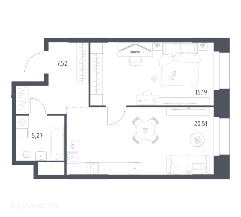 1-комнатные апартаменты 49.49 м² Тропарево Парк