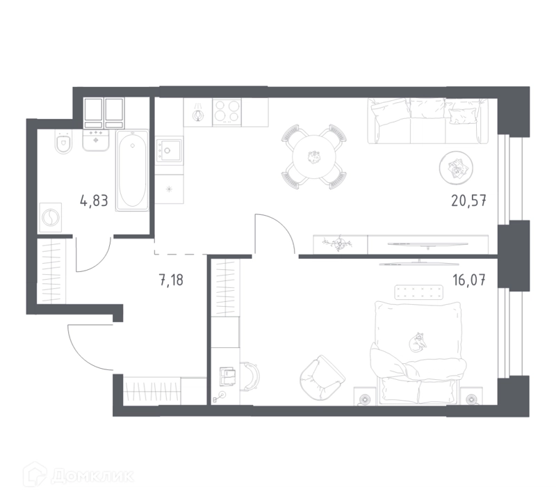 1-комнатные апартаменты 48.65 м² Тропарево Парк