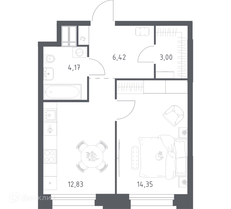 1-комнатные апартаменты 40.77 м² Тропарево Парк