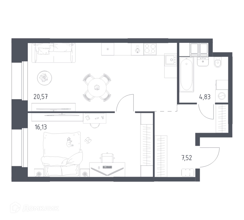 1-комнатные апартаменты 49.05 м² Тропарево Парк