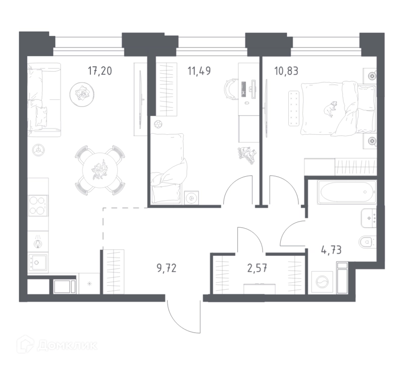2-комнатные апартаменты 56.54 м² Тропарево Парк