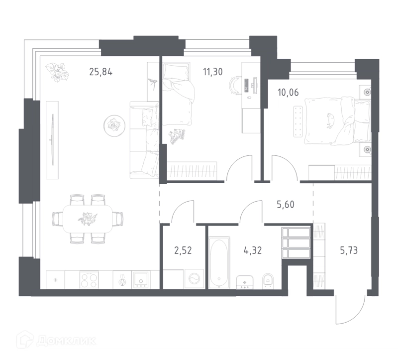 2-комнатные апартаменты 65.37 м² Тропарево Парк