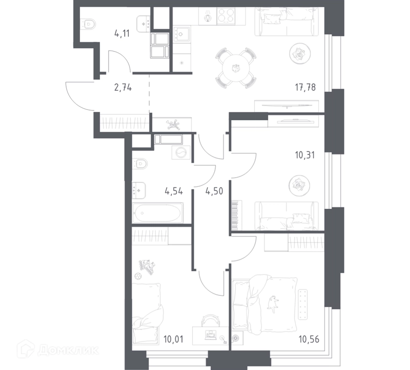 3-комнатные апартаменты 64.55 м² Тропарево Парк