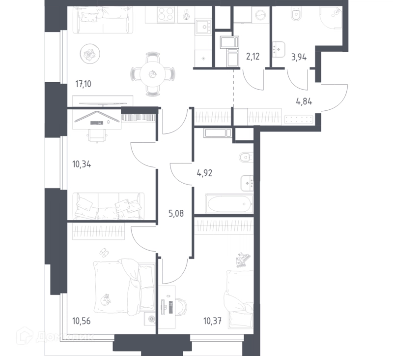3-комнатные апартаменты 69.27 м² Тропарево Парк