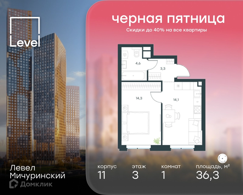 1-комнатная квартира 36.3 м² Левел Мичуринский