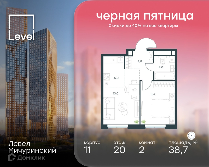 2-комнатная квартира 38.7 м² Левел Мичуринский