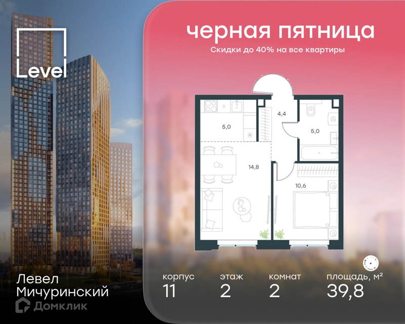 2-комнатная квартира 39.8 м² Левел Мичуринский