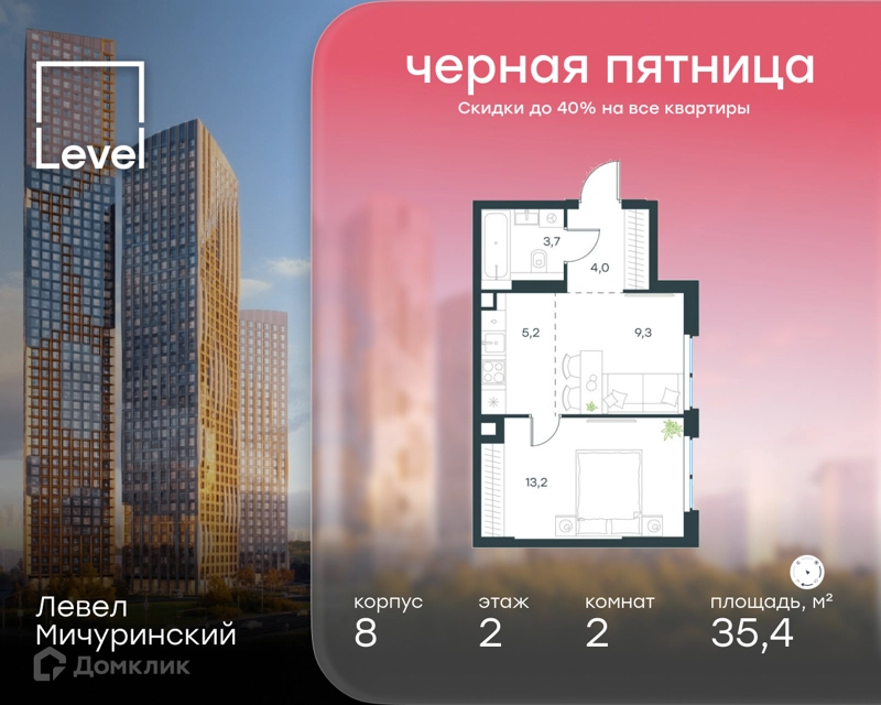 2-комнатная квартира 35.4 м² Левел Мичуринский