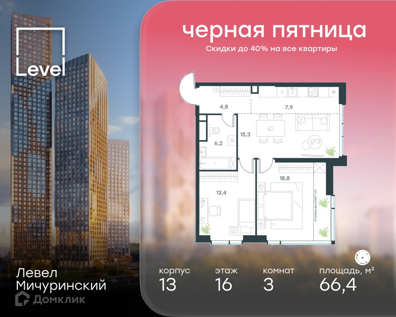 3-комнатная квартира 66.4 м² Левел Мичуринский
