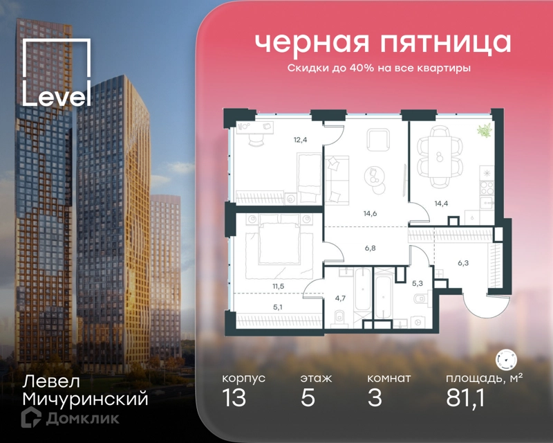 3-комнатная квартира 81.1 м² Левел Мичуринский