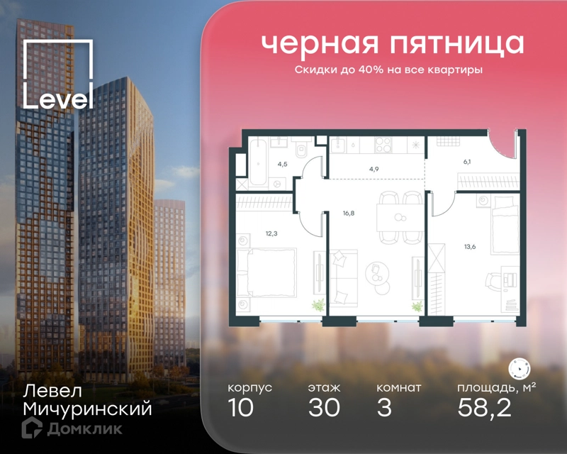 3-комнатная квартира 58.2 м² Левел Мичуринский