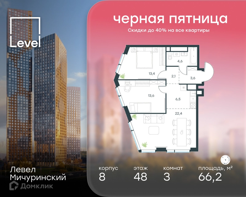 3-комнатная квартира 66.2 м² Левел Мичуринский
