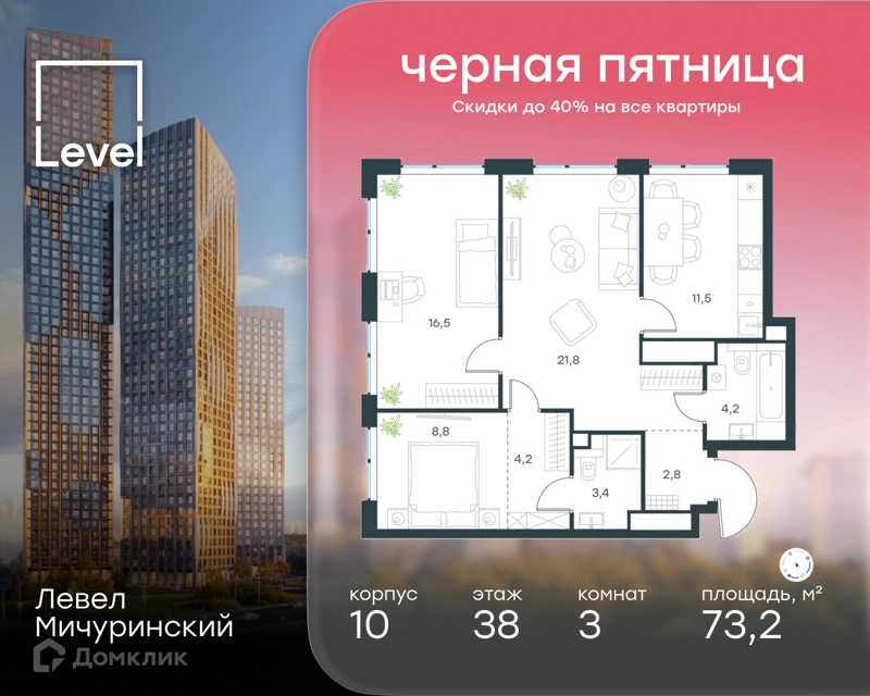 3-комнатная квартира 73.2 м² Левел Мичуринский