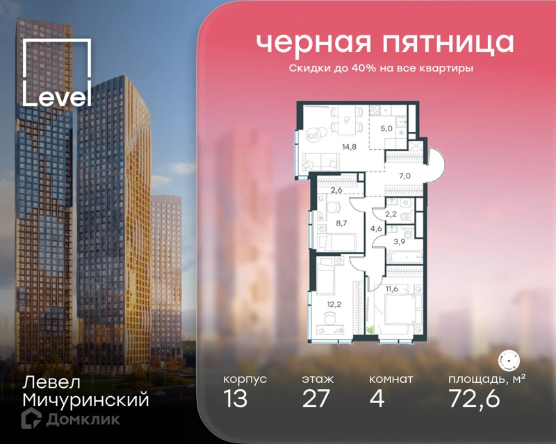 4-комнатная квартира 72.6 м² Левел Мичуринский
