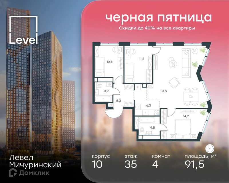 4-комнатная квартира 91.5 м² Левел Мичуринский