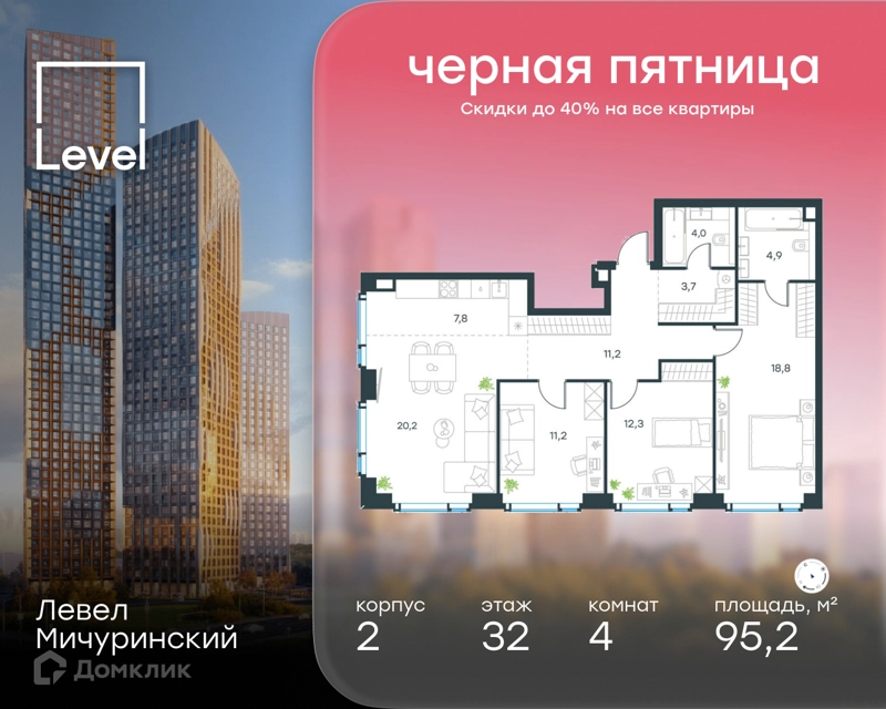 4-комнатная квартира 95.2 м² Левел Мичуринский