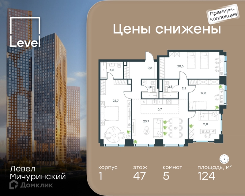5-комнатная квартира 124 м² Левел Мичуринский