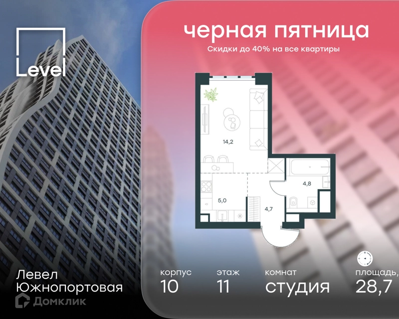 Студия 28.7 м² Левел Южнопортовая
