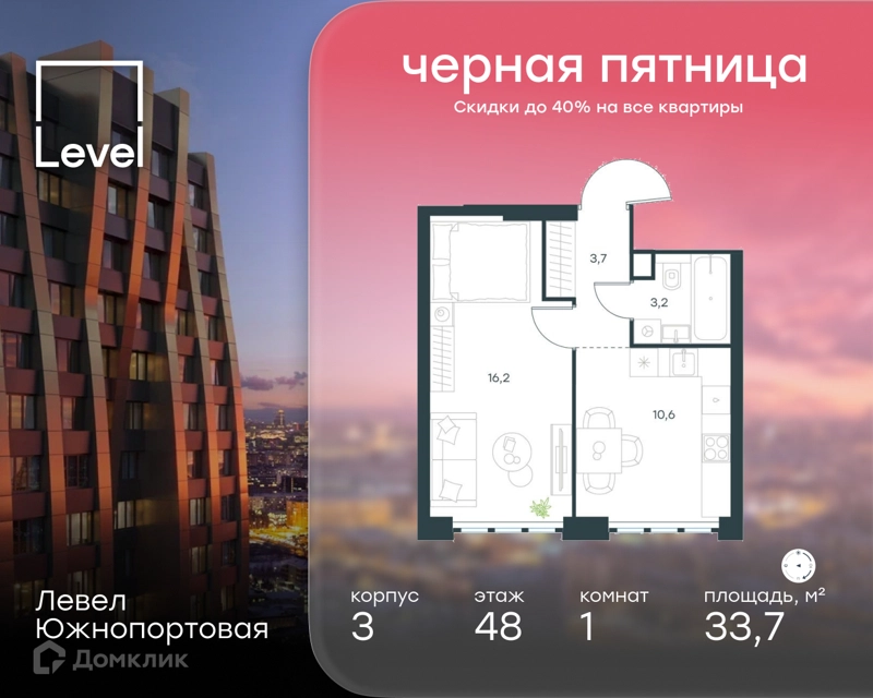 1-комнатная квартира 33.7 м² Левел Южнопортовая