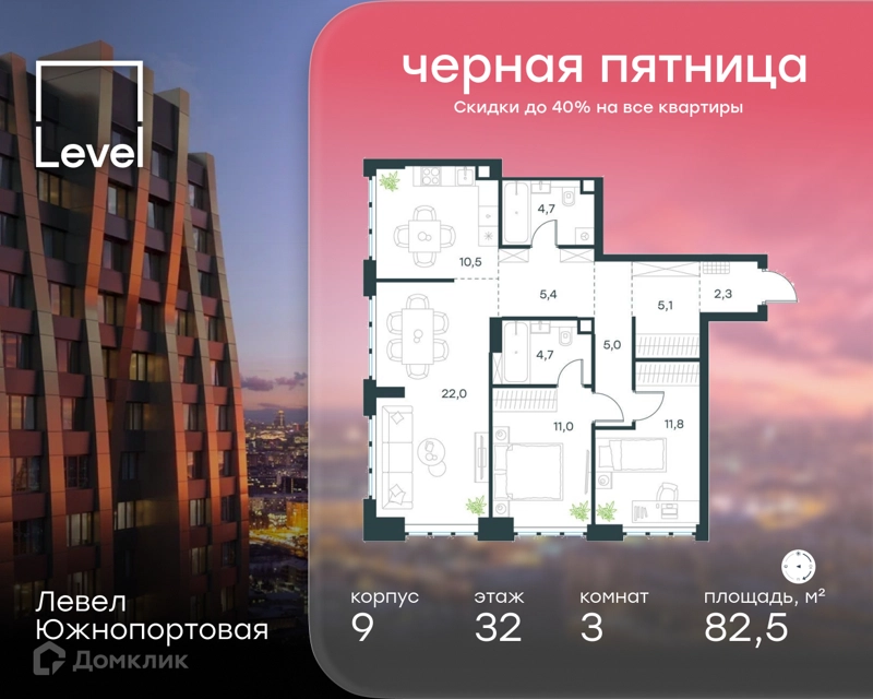 3-комнатная квартира 82.5 м² Левел Южнопортовая